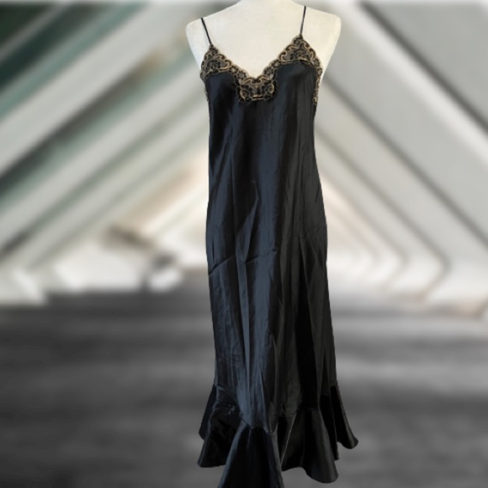 Sedu Black Satin Slip Dress Spaghetti Straps Gold Lace Embroidery Ruffle…
